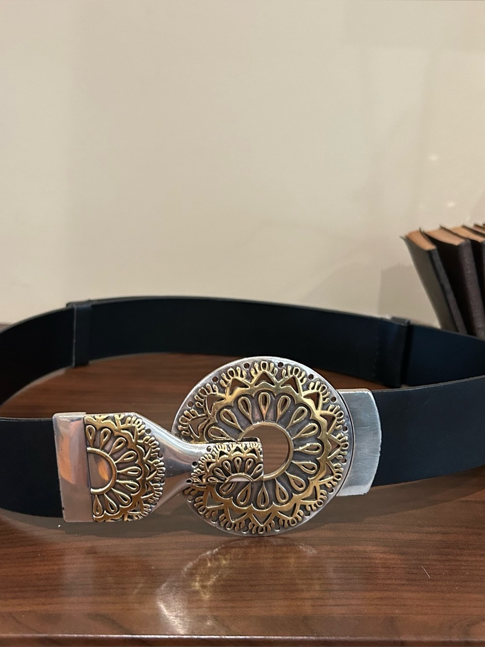 CHICO'S Black Leather Belt w/ Silver & Brass Geometric Sun Disc Buckle